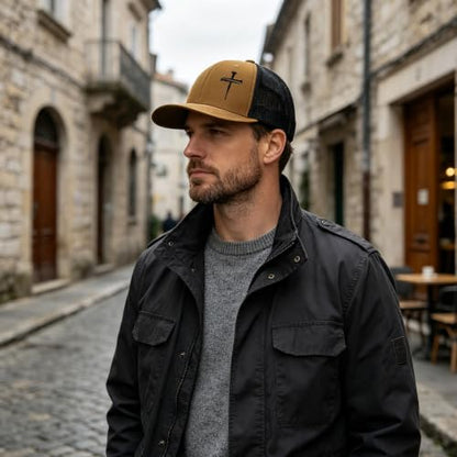 3 Nails Cross Trucker Hat Christian Religious Gifts for Birthday/Christma - color: 3 Nails Cross Trucker Hat Caramel & Black