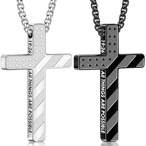 Romass Cross Necklace for Men Boys - 316L Stainless Steel Bible Verse Religious Pendant, Christian Jewelry Gifts for Son Husband, Graduation Gifts, Adjustable 22+2 inch Chain - color: Silver+Black, style: 2Pcs 19:26