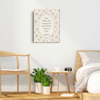 BEASTZHENG Romans Pink Rose Floral Canvas Wall Art Religious Home Accent - color: Romans 8：28