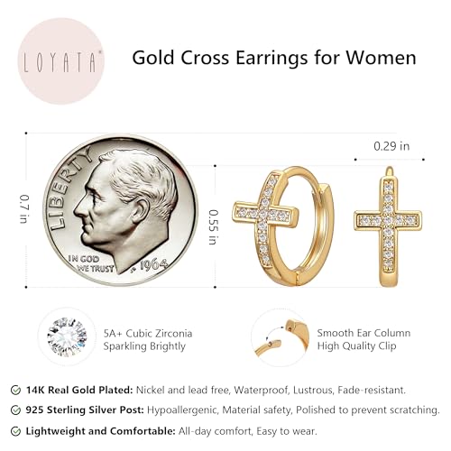LOYATA Gold Cross Earrings for Women-14K Gold Plated Small Hoop Huggie Earrings Dainty Trendy CZ Cross Hoop Earring Cute Hypoallergenic Hoops Jewelry Gifts for Women Mothers Day Gifts for Mom - color: CZ