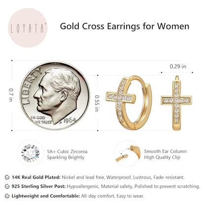 LOYATA Gold Cross Earrings for Women-14K Gold Plated Small Hoop Huggie Earrings Dainty Trendy CZ Cross Hoop Earring Cute Hypoallergenic Hoops Jewelry Gifts for Women Mothers Day Gifts for Mom - color: CZ