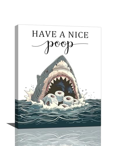 Shark Funny Ocean Bathroom Wall Art - Canvas Print Painting Modern Home Artwork Decor 16"x20" Framed - color: Shark Bathroom, size: 20"L x 16"W