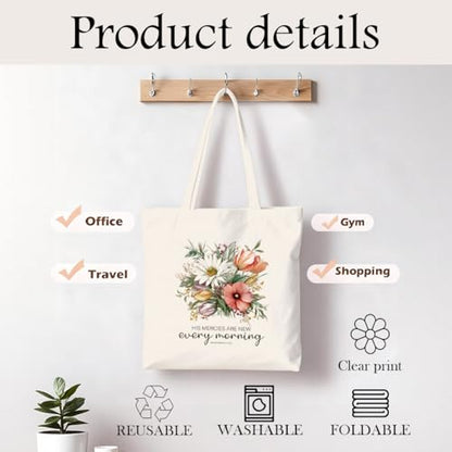 Christian Canvas Tote Bag for Women, Inspirational Faith Shoulder Bag - color: Mercies