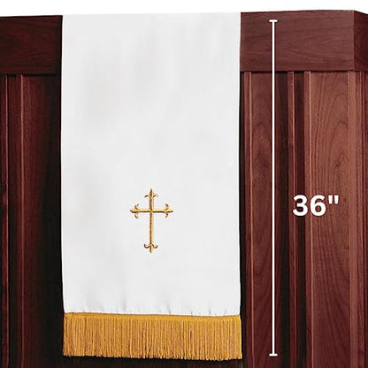 Needzo Reversible Pulpit Scarf, Red and White with Gold Colored Fringe and Cross, Catholic Church Supplies, 17 x 36 Inches