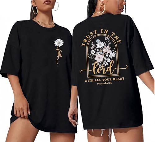 Trust in The Lord Christian Shirts God Faith Religious T Shirts Oversized Jesus Tshirt Women Bible Verse Tee Tops - color: Black-floral, size: Large