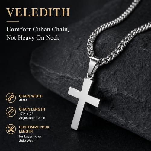 925 Sterling Silver Cross Necklaces for Mens Women CZ Beveled Edge - color: Beveled edge silver cross