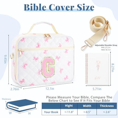 Personalized Initial Bible Cover Case for Women Bible Bag w/Study Supplies - color: Pink Bow, size: G