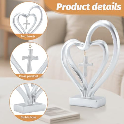 Double Heart Sculpture, Romantic Resin Sculpture of Two Hearts and Cross for Table Shelf Ornaments, Double Heart Figurines for Valentines Anniversary Wedding Couple Gift(COLOR:silver)