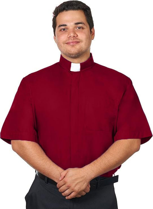 Men's Tab Collar Clergy Shirt Short Sleeves - color: Burgundy, size: 17"-17.5" Neck