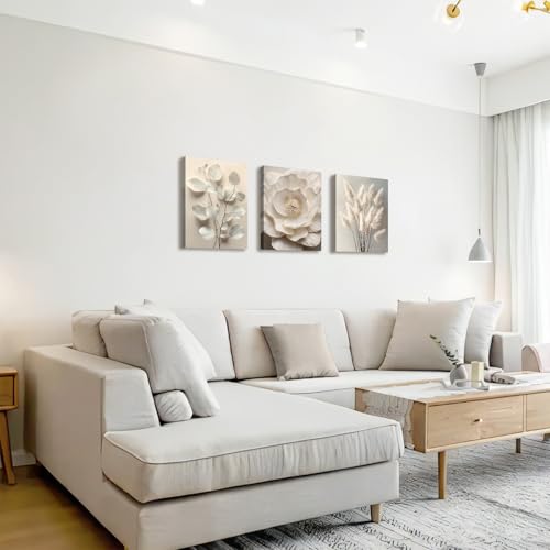 WENGTIAO 3Pcs Beige Floral Botanical Frame Canvas Wall Art 12"x16"x3 - color: Flower-White botanical, size: 12"x16"x3Pcs
