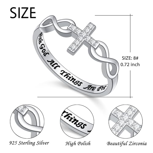 Alphm S925 Sterling Silver Christian Cross Infinity Inspirational Faith Bible Verse Ring for Women Teen Jewelry - size: 8