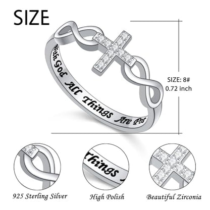 Alphm S925 Sterling Silver Christian Cross Infinity Inspirational Faith Bible Verse Ring for Women Teen Jewelry - size: 8