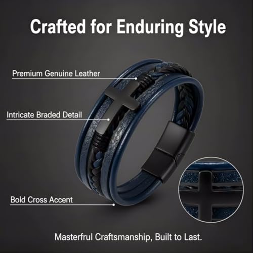 Stainless Steel Braided Leather Bracelet for Men Cuff Bangle Cross - color: Blue&Black