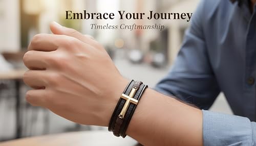 Stainless Steel Braided Leather Bracelet for Men Cuff Bangle Cross - color: Brown&Gold