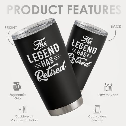 SANDJEST Retirement Gifts for Coworker, Colleagues - The Legend Has Retired Tumbler - Birthday, Christmas, Happy Retirement Gifts - 20oz Stainless Steel Insulated Coffee Travel Mug Gift for Men, Women - color: Retirement 1