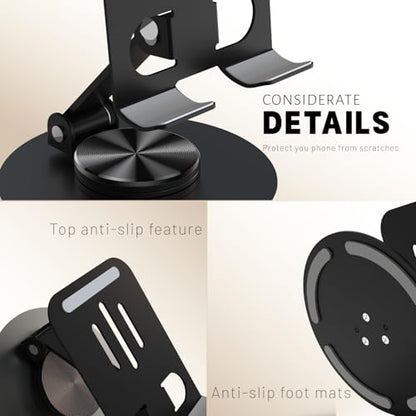 Metal Cell Phone Stand for Desk, Multi-Angel Adjustable 360° Rotation Desktop Phone Holder and Foldable Mobile Phone Stand, Compatible with All Smartphones, Black - color: Black