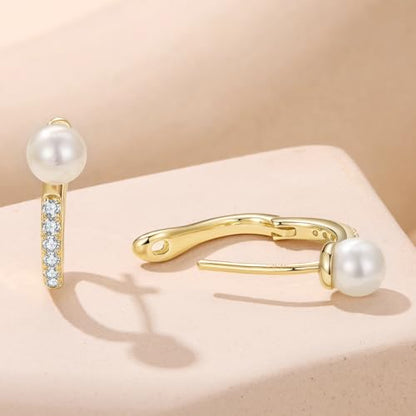 Turquoise Cross Hoop Earrings for Women 14K Gold Plated Infinity Angel Feather Pearl Turquoise Cross Star Hypoallergenic Post Christan Everyday Huggie Jewelry Gift - color: Gold Pearl