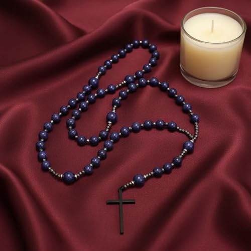 Nazareth Store Jasper Rosary Necklace – Catholic Handmade Rosary with Stone Beads, Hematite Spacers, and Black Alloy Cross – Durable Prayer Beads for Men and Women - color: Lapis Lazuli