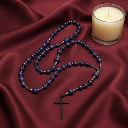 Nazareth Store Jasper Rosary Necklace – Catholic Handmade Rosary with Stone Beads, Hematite Spacers, and Black Alloy Cross – Durable Prayer Beads for Men and Women - color: Lapis Lazuli