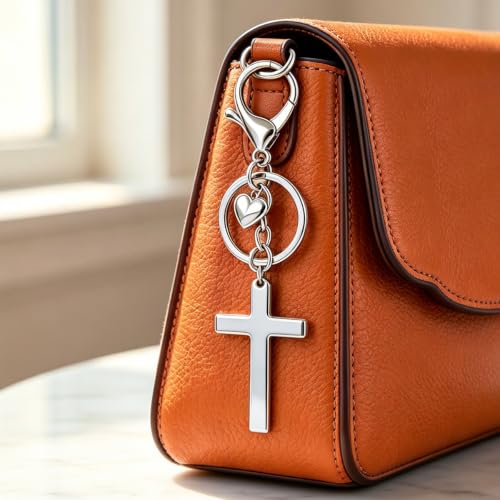 Cross Keychain, Jesus Key Chain Christian Faith Keychain Purse Charm - color: Silver