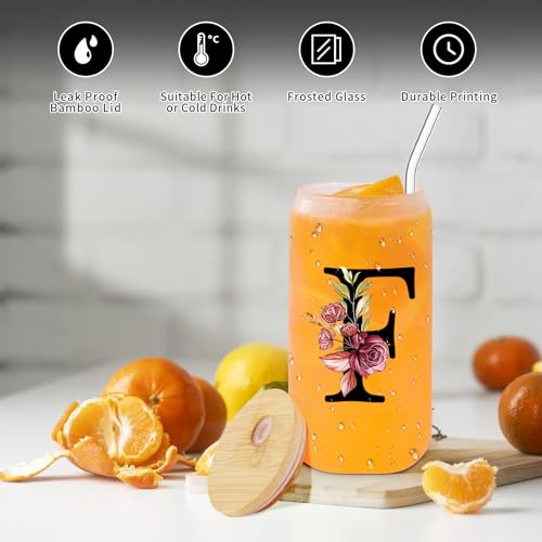 Monogrammed Glass Drinking Cup With Lid Straw Women Gift Flight Attendant Pet Sitter Secretary Hairdress Caregiver Musicians Dancer Cheerleaders Hairstylist Nanny Hair Stylist Nail Technician,F - style: Letter F