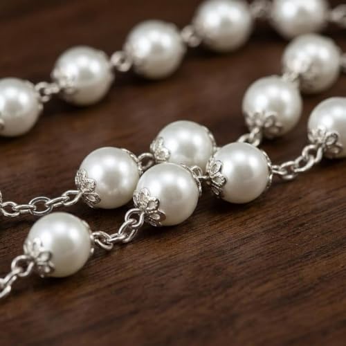 Nazareth Store Wedding White Pearl Beads Rosary Handcrafted Prayer Necklace with Holy Soil Medal and Jesus Cross Crucifix - size: Large