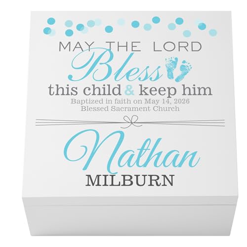 Let's Make Memories Personalized Keepsake Box for Blessed Child - Memories Box - Baptism - Confirmation - Memento Storage - For Boys - 6" Hx12 Sq - May the Lord Bless - Blue - color: May the Lord Bless - Blue Text