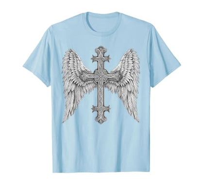 Gothic Cross and Angle Wings Graphic Punk Style Mens Womens T-Shirt - color: Baby Blue, size: Small