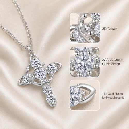 Cross Necklace 18k Gold Plated Christian Faith Jewelry Gift for Women - color: Crown-Silver
