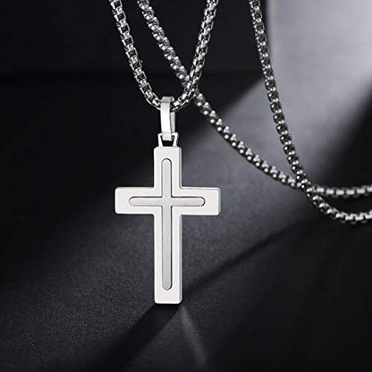 Men's Stainless Steel Cross Necklace,Two-Tone Black & Blue Carbon Fiber Pendant - Included Gift Box - style: Silver XL003