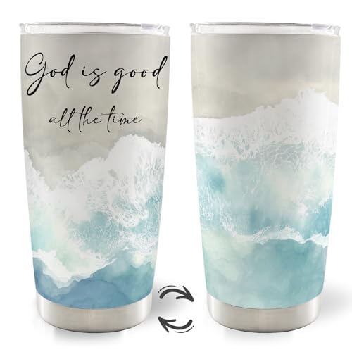 Coastal Beach Christian 20oz Travel Coffee Mug Tumbler, Christian Gifts for Women Men, God Is Good All the Time Bible Verse Stainless Steel Tumbler with Lid and Straw - color: good