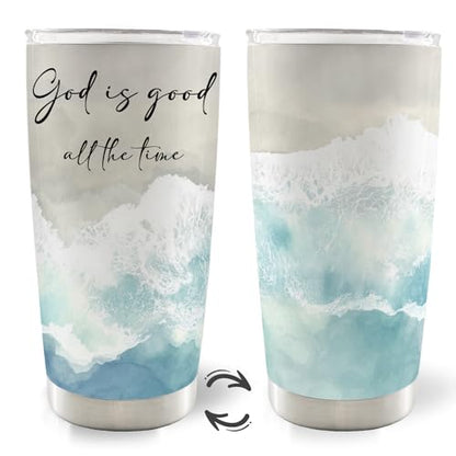 Coastal Beach Christian 20oz Travel Coffee Mug Tumbler, Christian Gifts for Women Men, God Is Good All the Time Bible Verse Stainless Steel Tumbler with Lid and Straw - color: good