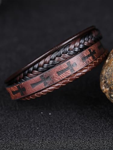 Mens Leather Cross Bracelet Multilayer Braided Wristband Bangle Bracelets with Stainless Steel Buckle Religious Gift for Men Brown/Black/Blue–8.3 inch - color: Brown-1, size: 8.3in(Fits most wrists)