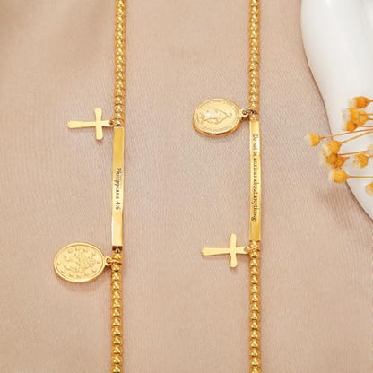 DS Women Christian Charm Bracelet,Cross Scripture Stainless Steel Jewelry - style: Do not be anxious about anything.-Gold