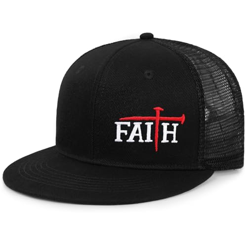 Christian Hats for Men Women - Cross Faith Flat Snapcback Hats - Religious Gifts for Thanksgiving Christmas - color: Black Mesh/Faith Red