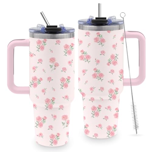 Rose 40 Oz Tumbler Gifts for Women, Pink Rose Flower Water Bottle with Handle - color: Rose-Pink