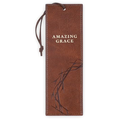 Christian Art Gifts Premium Faux Leather Scripture Bookmark: Amazing Grace - color: Brown Crown of Thorns/Amazing Grace
