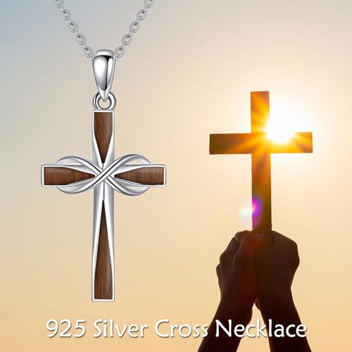 ONEFINITY Cross Necklace 925 Sterling Silver Cross Pendant Religious Jewelry Gifts - style: wood