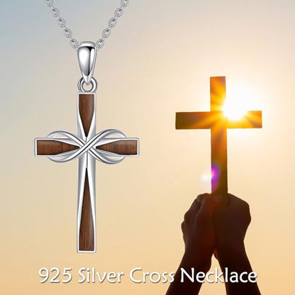 ONEFINITY Cross Necklace 925 Sterling Silver Cross Pendant Religious Jewelry Gifts - style: wood