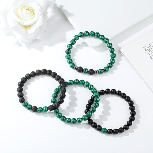 Mens Beaded Bracelets, 8MM Beaded Bracelets for Men, Natural Tiger Eye Bead Bracelet, Stretch Elastic Beads Bracelets for Men - color: 4 volcanic malachite black
