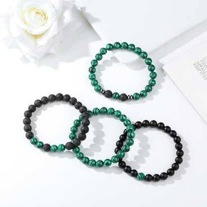 Mens Beaded Bracelets, 8MM Beaded Bracelets for Men, Natural Tiger Eye Bead Bracelet, Stretch Elastic Beads Bracelets for Men - color: 4 volcanic malachite black