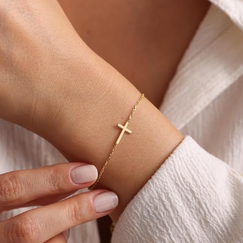 LUCA SMITH 925 Sterling Silver Cross Bracelet for Women Adjustable Stackable Dainty 14K Gold/Silver Cute Tiny Symbolic Cross Pendant Charm Link Chain Faith-Based Jewelry - color: gold