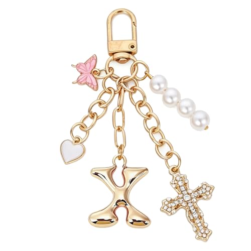 Cross Bag Charms Keychain - Butterflies Keyring Initial Purse Charm - color: Gold X