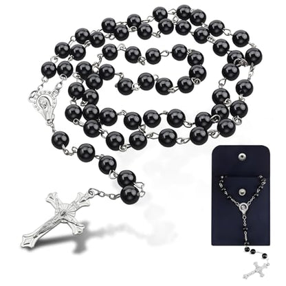 Rosary Beads for Women - Catholic Rosary Beads with Cross, Pink Crystal Rosary Necklace with Velvet Pouch, Religious Gifts for Women - color: Black