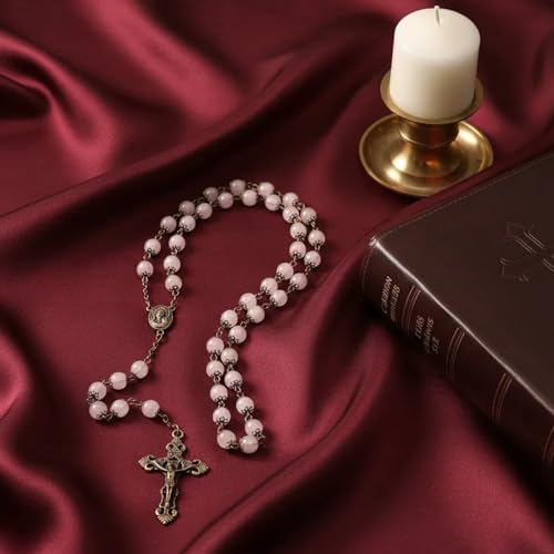 Nazareth Store Natural Stone Beads 8mm Rosary Necklace Antique Copper Design Holy Soil Medal & Cross in Velvet Bag - Catholic Rosaries Terra Santa Jerusalem Collection - color: Rose Quartz