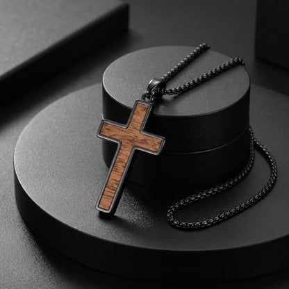 Cross Necklace for Men 925 Sterling Silver & Wood Cross Pendant with Stainless Steel Chain Cross Necklace for Men Women Christian Jewelry Gift - color: Cross-2