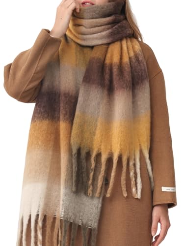 HOTIAN Women's Large Scarf Colorful Chunky Plaid Scarves Soft Winter Thick Tassel Warm Wrap Shawl - color: Yellow Curry (Gentleman)