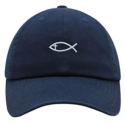 JPAK Jesus Fish Symbol Premium Dad Hat Embroidered Cotton Baseball Cap Symbol of Christianity - color: Navy