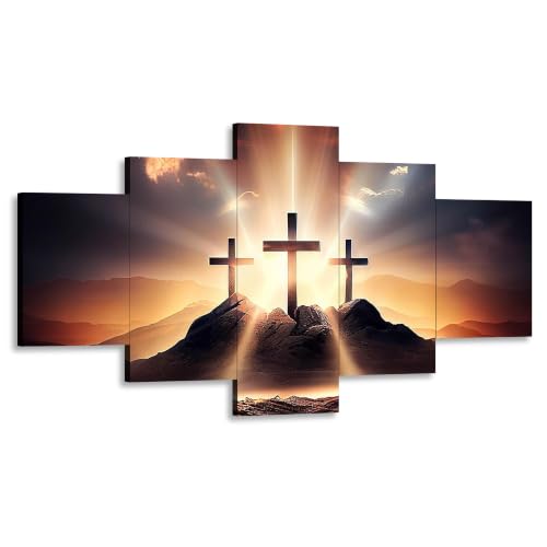Three Crosses on the Mountain Canvas Print Glowing Christ Cross Wall Art Wall Decor Picture Jesus Christian Painting for Home Living Room Decoration Poster with Frame Ready to Hang(60''Wx32''H) - color: Artwork-009