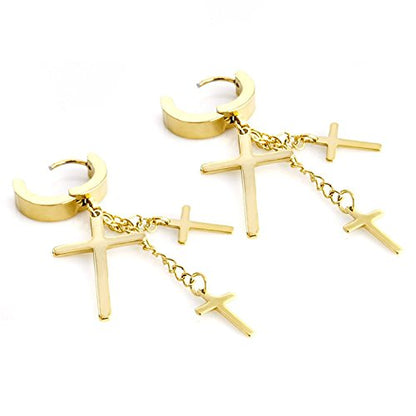 JewelrieShop Cross Tassel Stainless Steel Urban Huggie Hinged Hoop Dangle Earrings - color: 01. 2 Pairs (Steel + Gold)